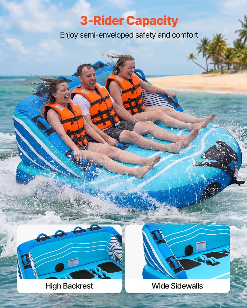 VEVOR Towable Tubes for Boating, 3-Rider Inflatable Towable Tube for Boat to Pull, 231 kg Capacity Water Sports Boating Tubes - with Full Nylon Cover