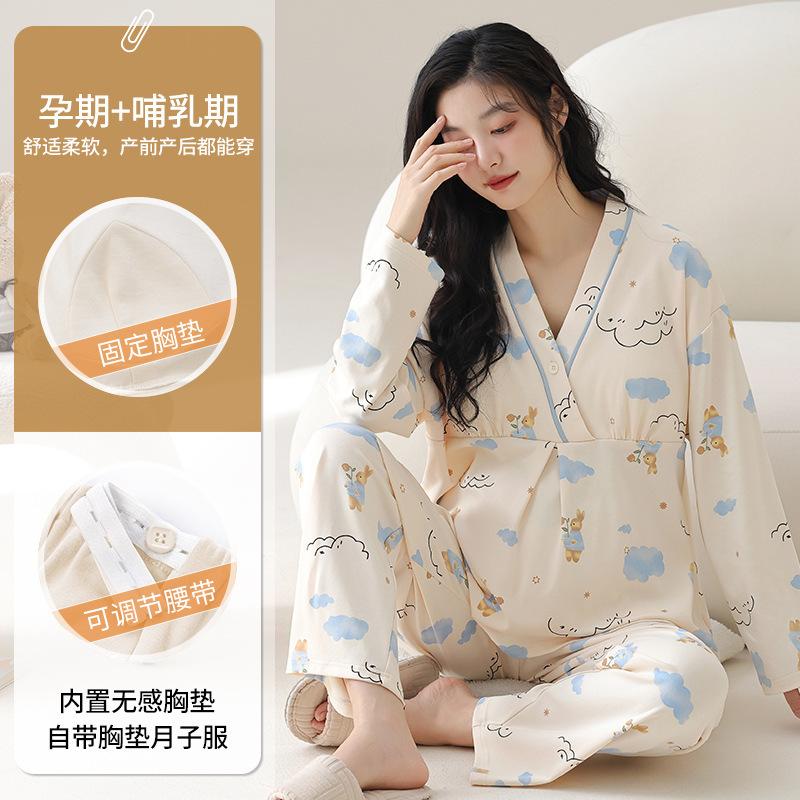 Spring new products women s single lapel pajamas women s casual imitation cotton long-sleeved long suit autumn spot M
