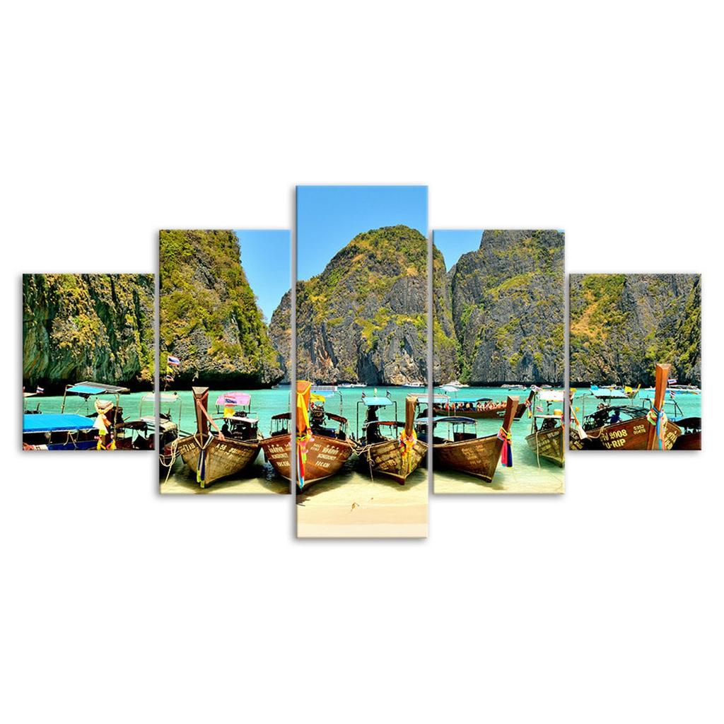 Thailand Beach Island Boat Tours Scenery 5 Piece Five Panel Wall Canvas Print Modern Art Poster Home Decor Gift For Him For Her