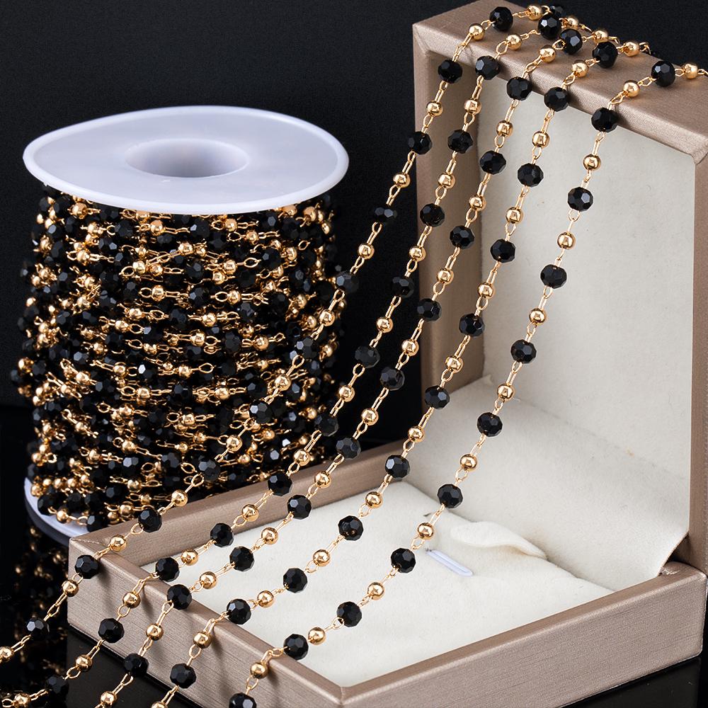 1meter 4mm Crystal Black Transparent Beaded Copper Chains Glass Beads Necklace Gold Color Chain for DIY Jewelry Making Component