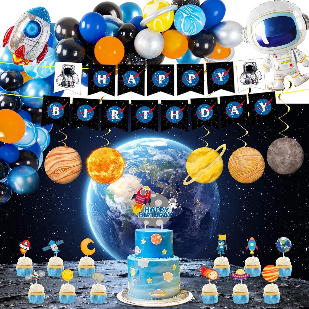 Outer Space Party Supplies, 87Pcs Party Decorations - Rocket Balloons, Solar System Swirl Decorations, Cupcake Toppers, Astronaut Birthday Banner,