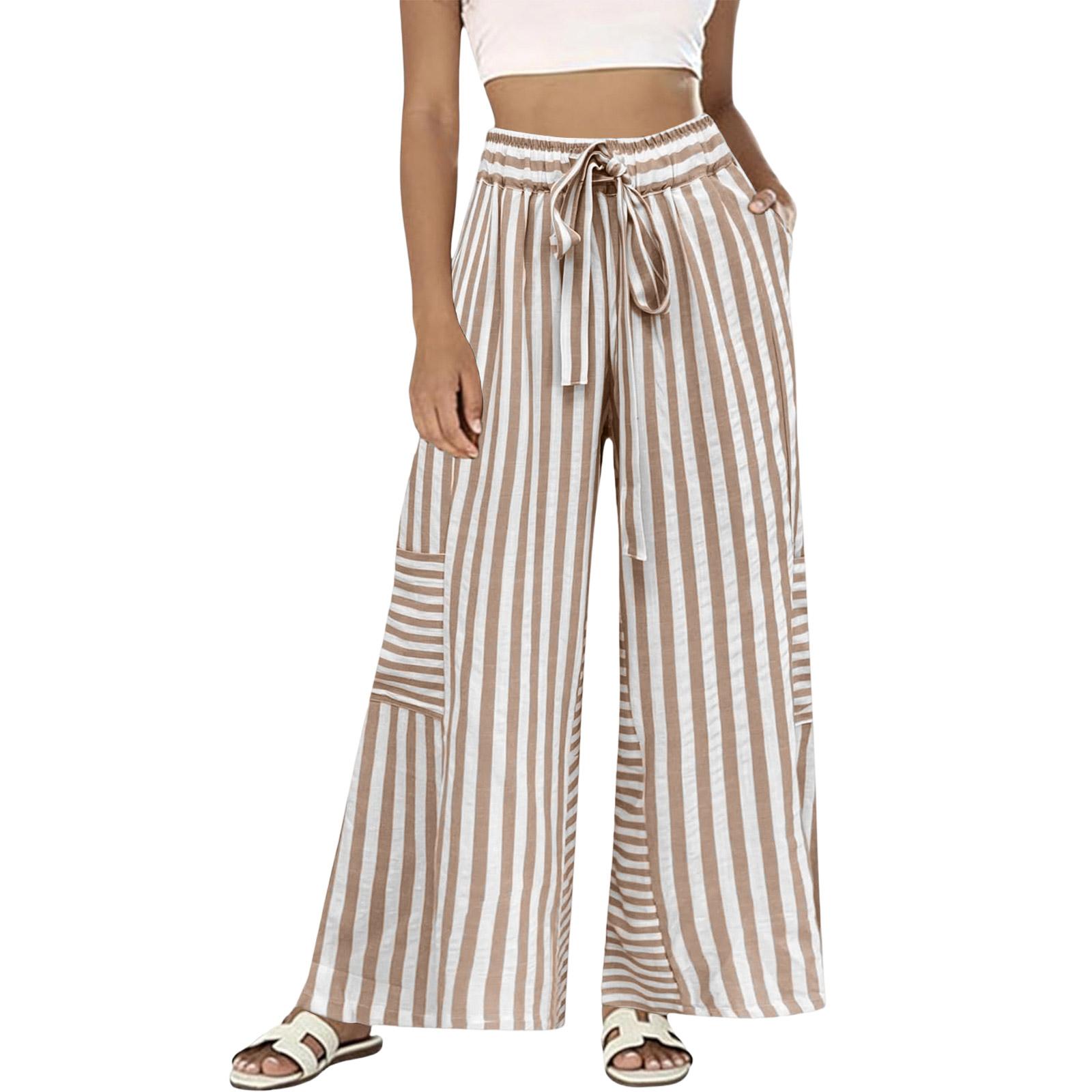 

Women s Striped Loose Casual Comfortable High Waist Wide Leg Straight Drawstring Pocket Casual Pants XL хакі