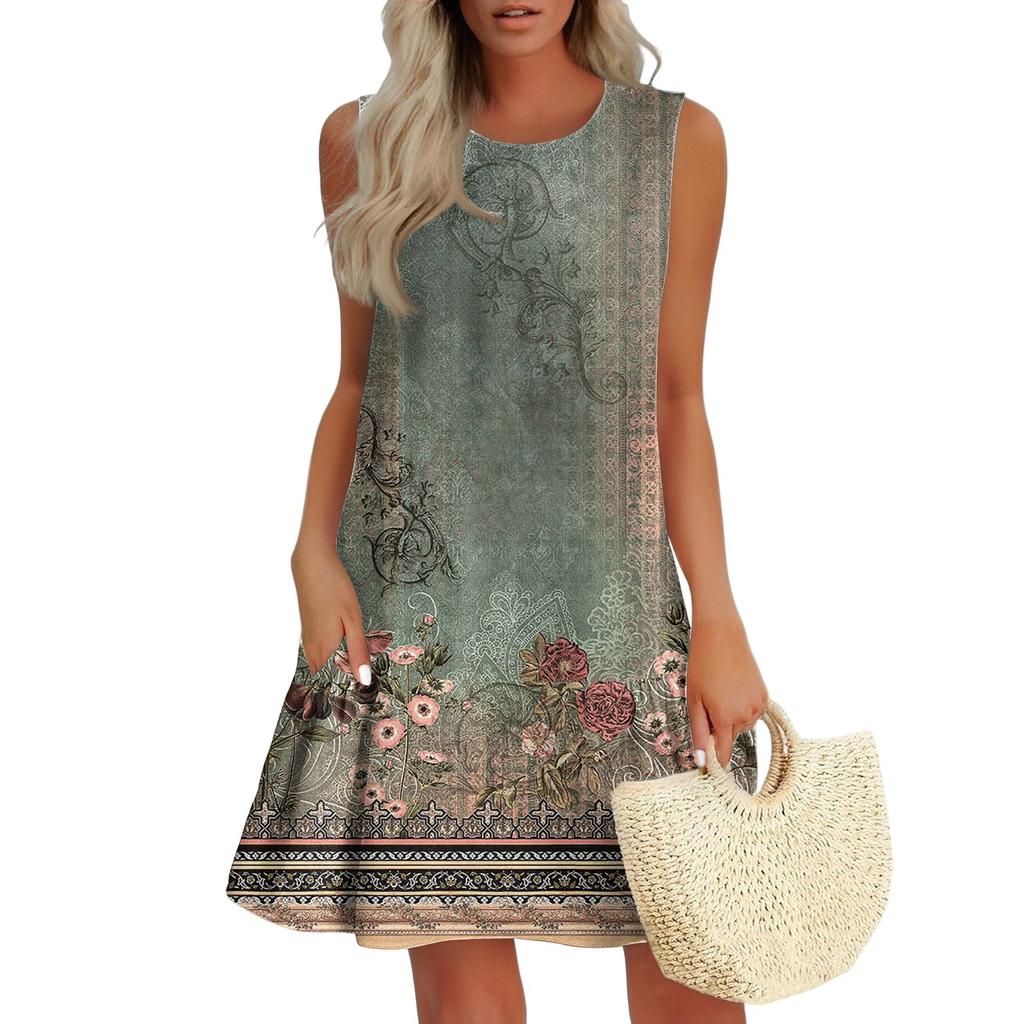 Damenmode Lässig Ärmellos Rundhals Rüschen Vintage Bedruckte Kleider