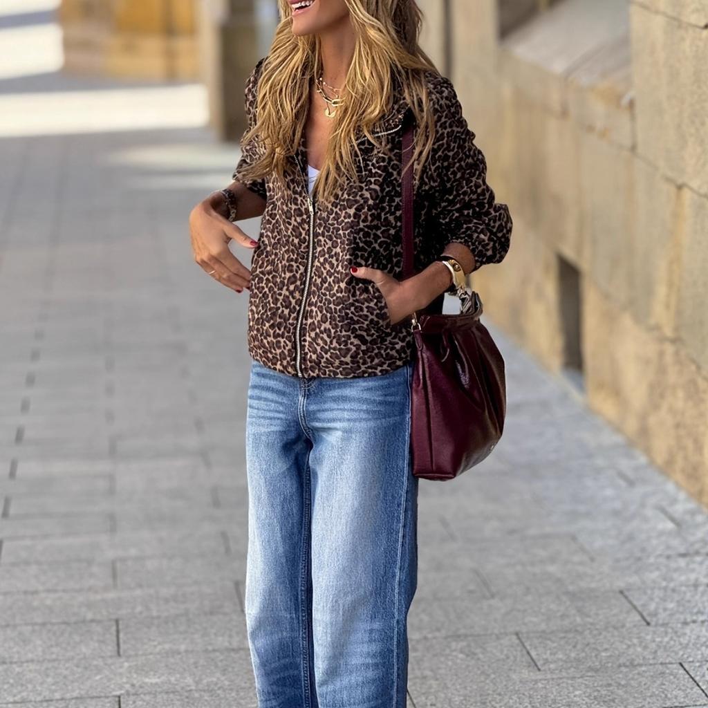 Vintage American Leopard Print Hoodie, Street Hip Hop Casual Hooded Sweatshirt Top for Women, Europe & America Style