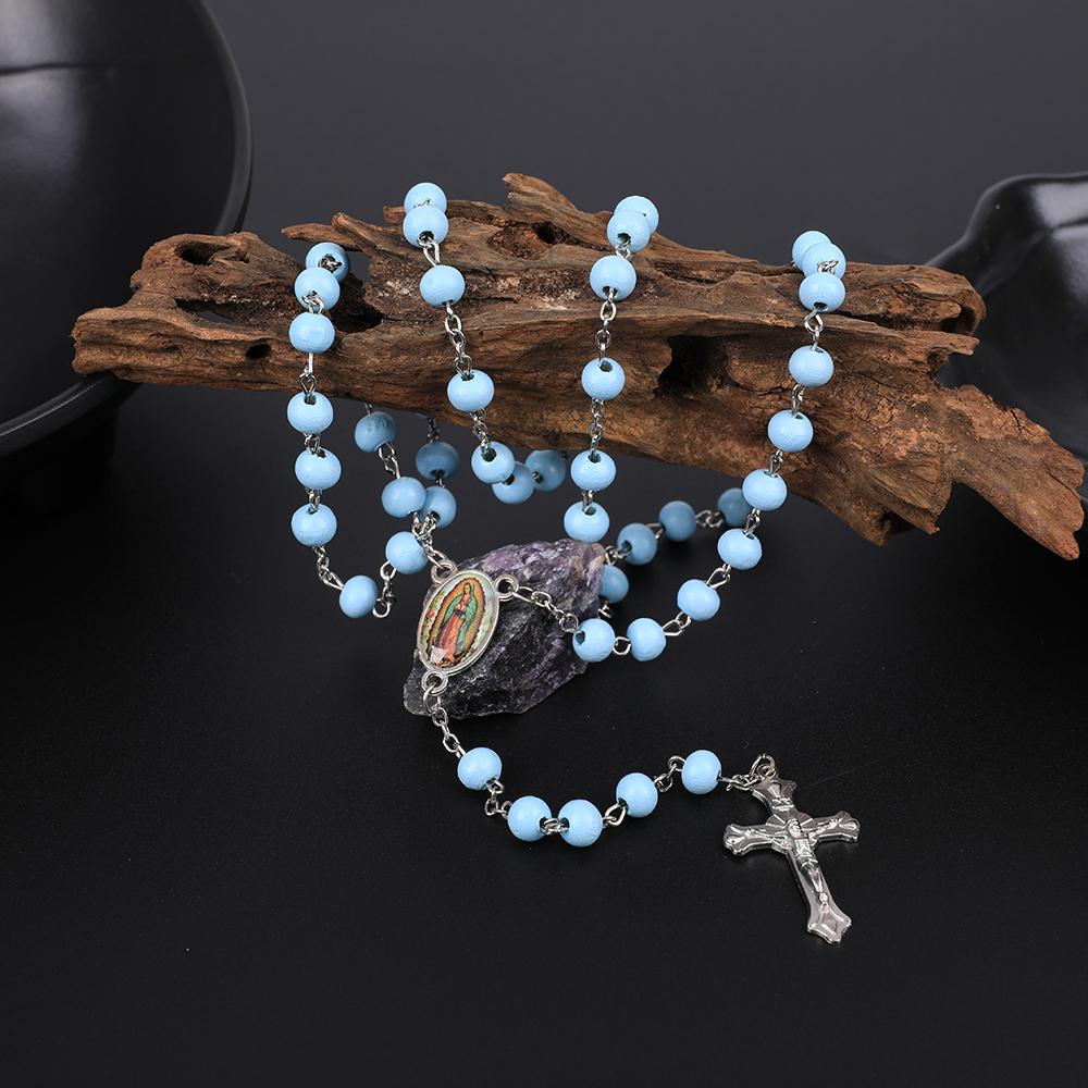 Wood Rosary Necklace For Women 6MM Wooden Prayer Beads Long Chain Religious Virgin Mary Cross Pendant Men Party Jewelry Gift