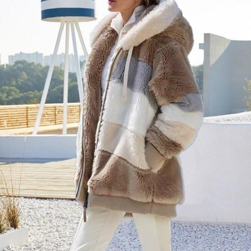 Winter Thickening Warm New Fashion Women Jacket Stitching Plaid Ladies Coats Casual Hooded Loose Plush Zipper Ladies Clothes