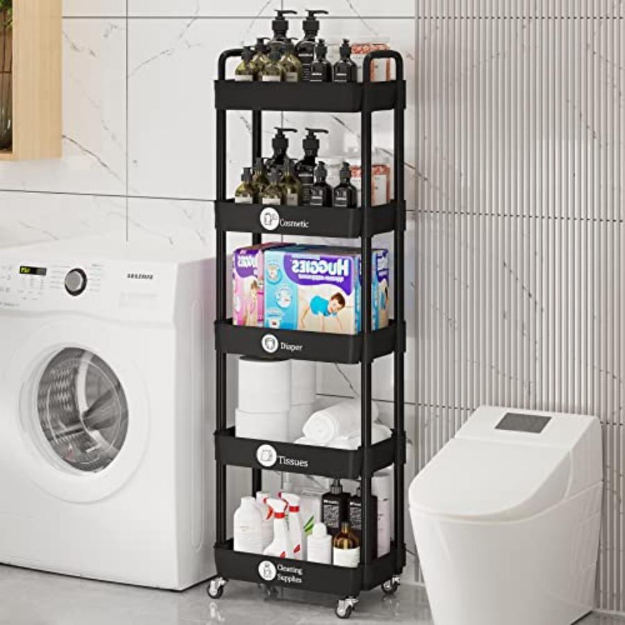 Multifunction Utility Rolling Cart 5-Tier Plastic Metal Storage Organizer Black Lockable Wheels Modern Style Indoor Use