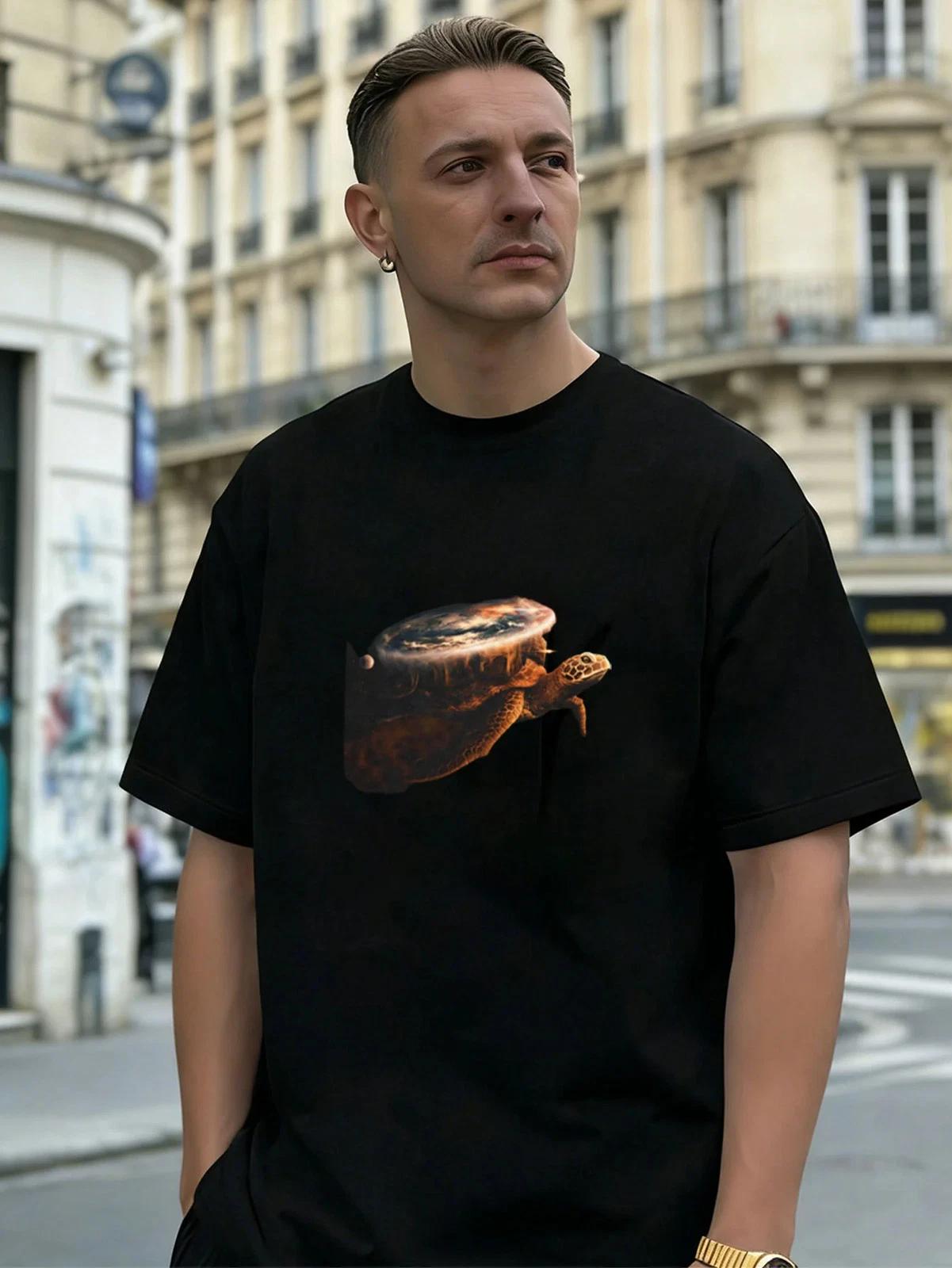 Cosmic Turtle Planet Graphic 100% Cotton Men s T-Shirt, for Daily Streetwear M