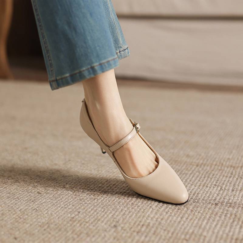 Krazing Pot Cow Skin Round Toe Stiletto High Heels Summer Shoes Big Size 42 Beauty Lady Metal Buckle Women Shallow Pumps