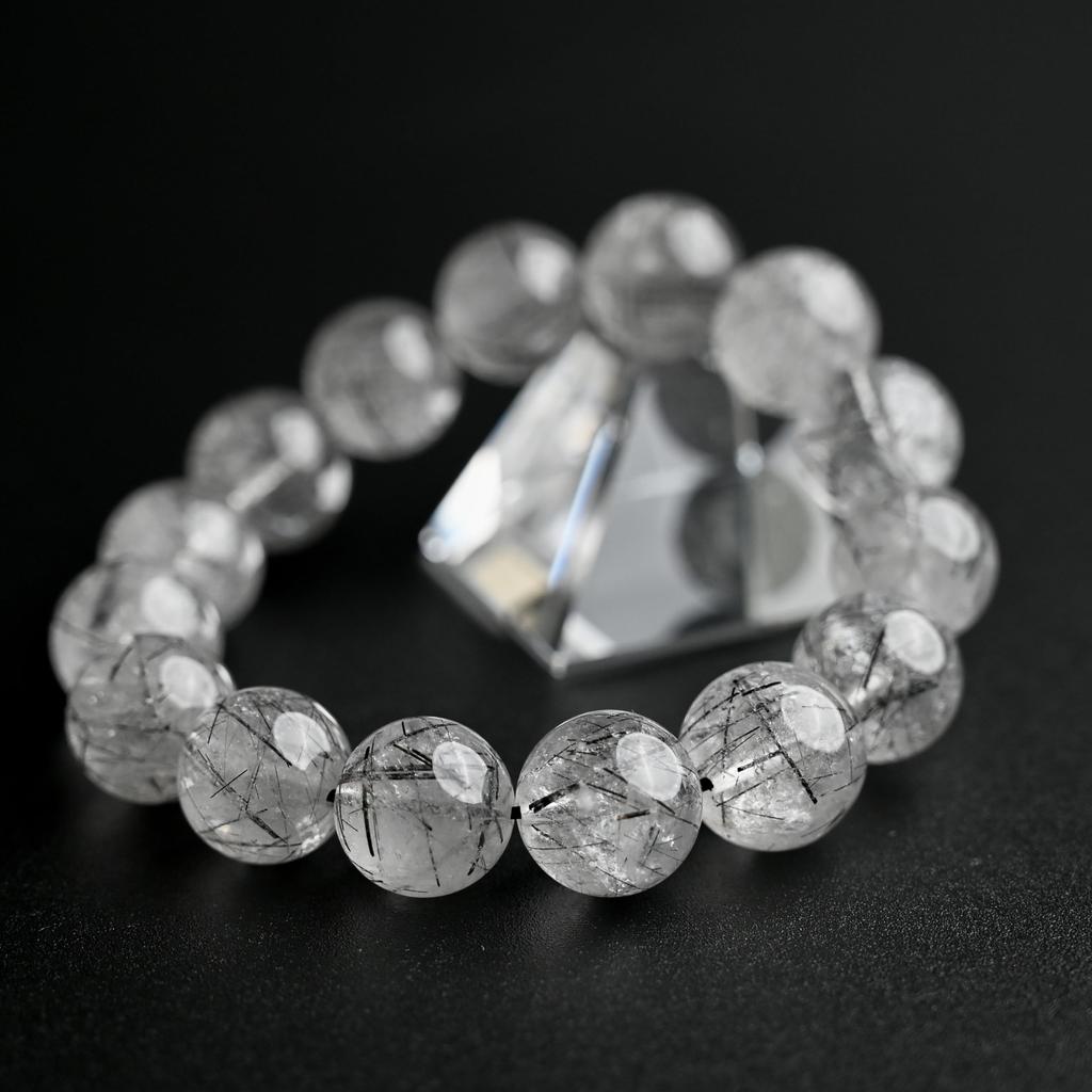 Black Rutilated Quartz Bracelet Tourmaline in 14mm 17cm Wrist Limited Natural Power Prayer Good Luck Feng Shui [Eigado] (Black Quartz) Stone, Size,