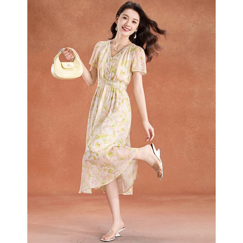 Elegant Champagne Floral Puff Sleeve A-Line Summer Dress