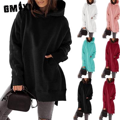 Langärmliger O-Ausschnitt Fleece-Hoodie in Unifarbe mit lockeren Taschen und einer Kapuze für Damenbekleidung für Herbst und Winter