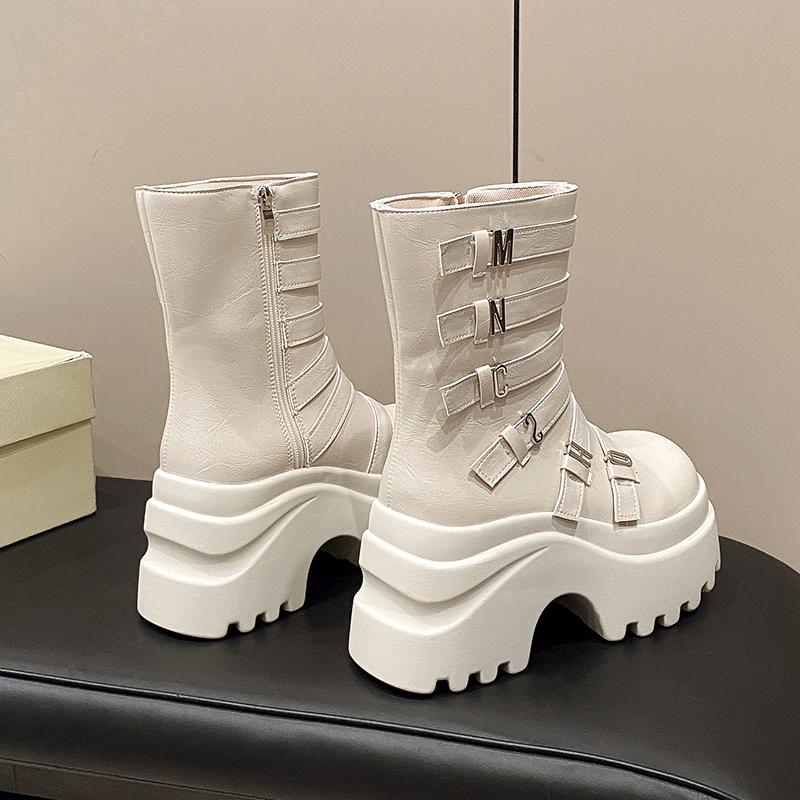 Fashion Women Punk Boots 9.5CM High Platform Outdoor Leather Shoes New Autumn Winter Metal Mid-calf Boots Hidden Heels Motorcycle Boots