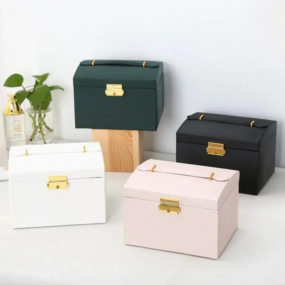 Portable Jewelry Box Handheld PU Leather Drawer Three-Layer Storage Simple Design Jewelry Case Cosmetic Box