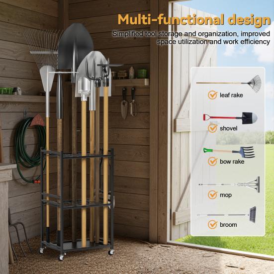 Garden Organizer Tool Organizer, 35-Slot Steel Rolling Rack with Wheels, Adjustable Feet Yard Sturdy Holder for Shovels, Rakes, Brooms and