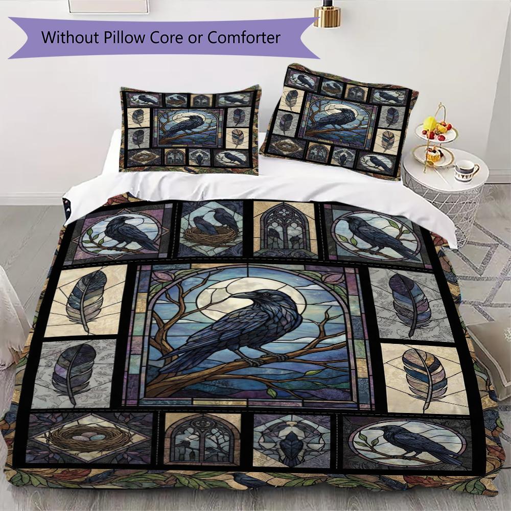 Crow Pattern Bedding uilt Set uilt Cover Pillowcase Home Decoration Birthday Gift (1 * duvet cover + 2 * pillowcase without core)48