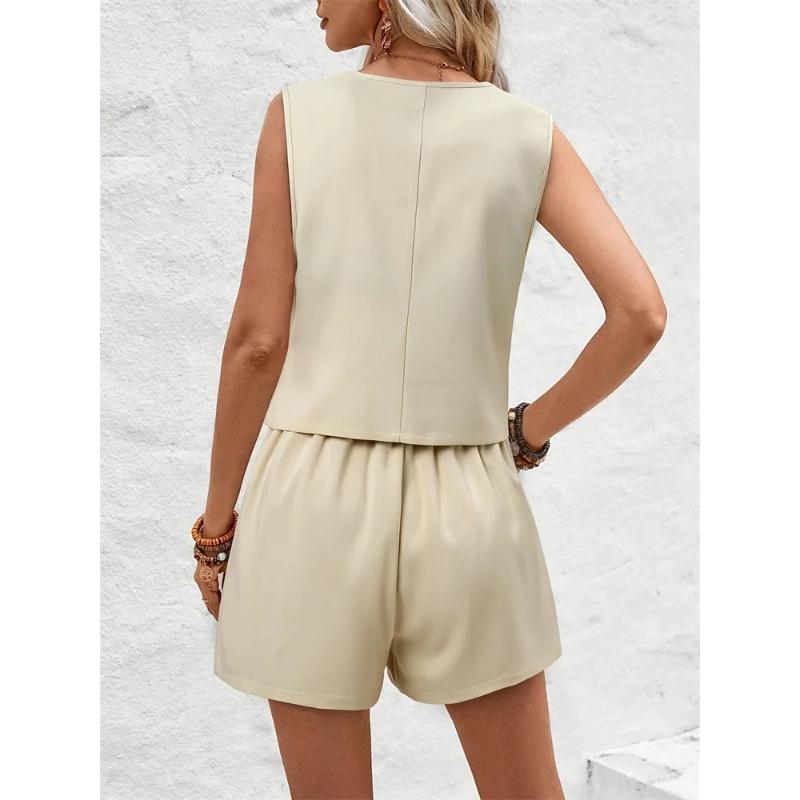 Women's Vest Sets 2 Pcs Sale Sexy V Neck Sleeveless Button Slim OL Blazer Vest&Wide Leg Short Suits
