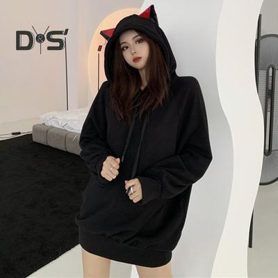 Felpa con cappuccio da donna autunno inverno cartone animato orecchio di gatto con cappuccio coulisse pullover spesso polsino elastico in tinta unita sciolto felpa con cappuccio da donna calda di media lunghezza