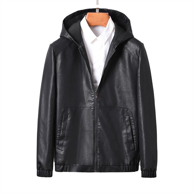 Mens Slim Fit Hooded PU Leather Jacket Casual Trendy Biker Coat Daily Wear