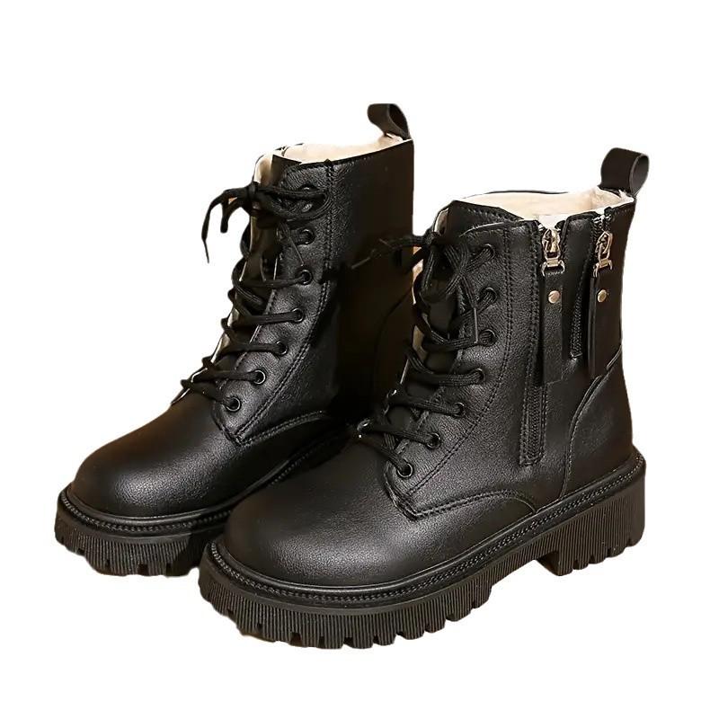 Fashion Double Zipper Thick Heel Plus Velvet Boots Women's Autumn and Winter All-match Single Boots Thick Sole Warm Short Boots