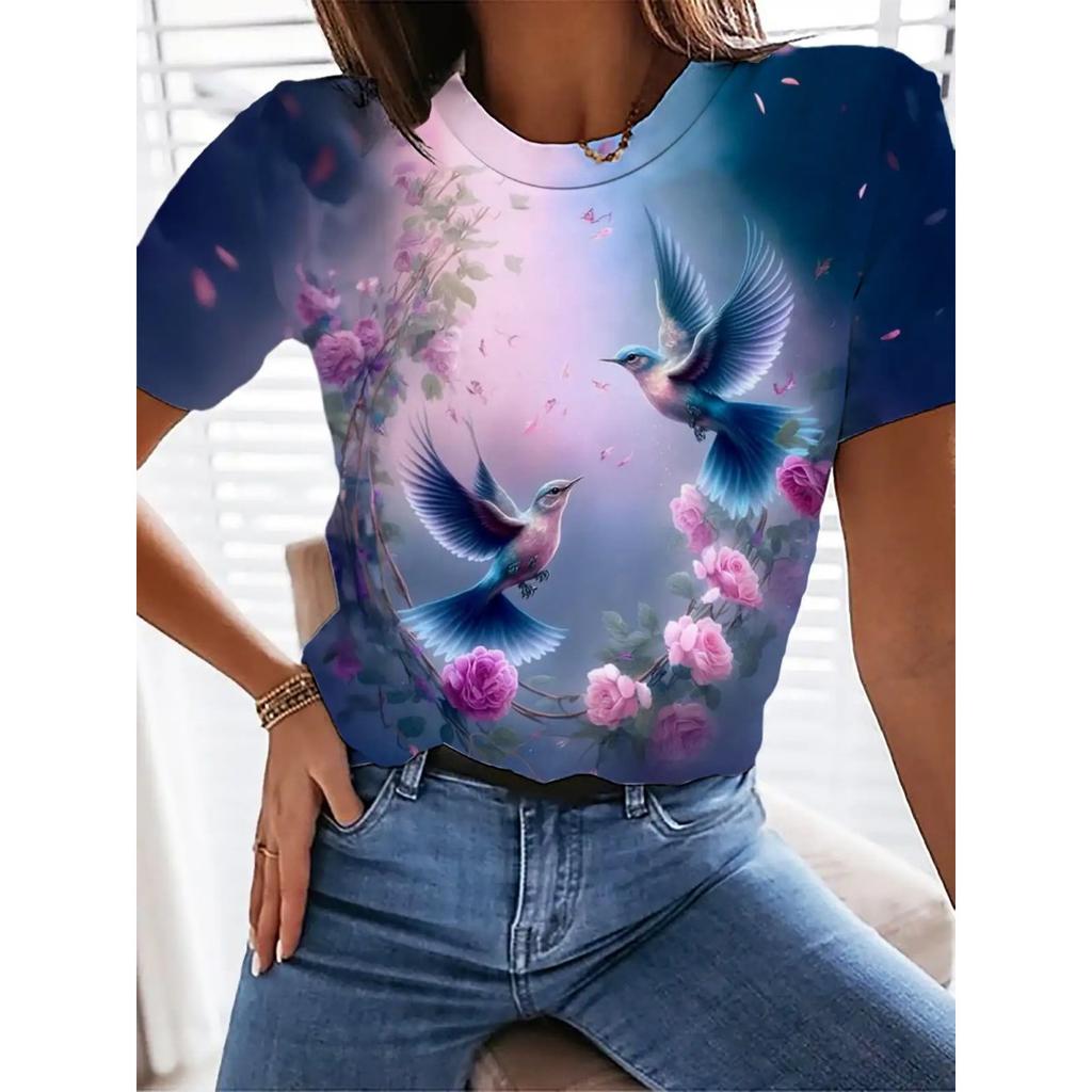 Summer Swan Butterfly T-shirt Flower 3D Printed Women's Casual Round Neck Short Sleeve T-shirt Harajuku T-shirt Women's Top