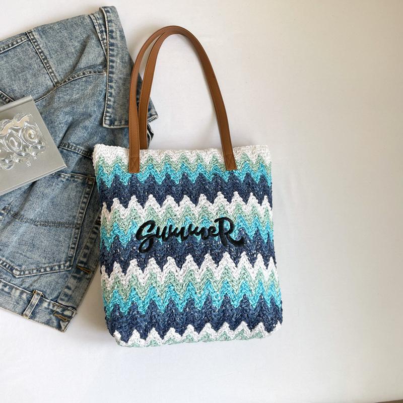 

Трендовая и модная плетеная из соломы сумка-тоут контрастных цветов, модная и красивая, большой вместимости, сумка на одно плечо, подмышечная сумка, женская синий