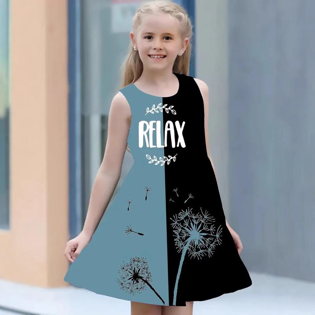 Dziewczęca sukienka kamizelka bez rękawów z okrągłym dekoltem codzienna urocza patchwork kontrastowy kolor sukienka księżniczki druk cyfrowy 3D