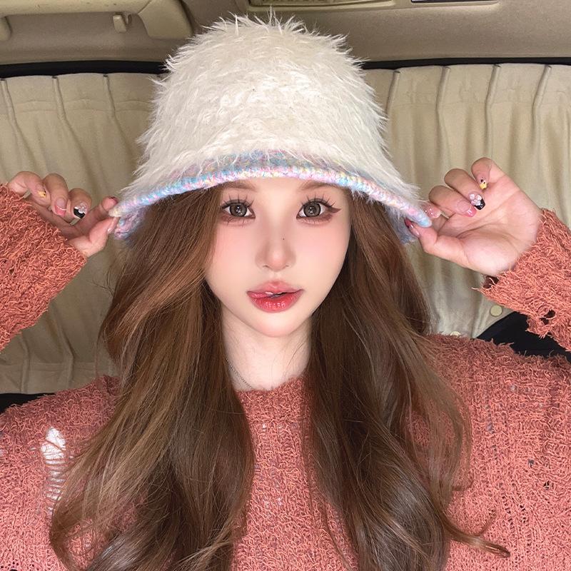 

Радужная шапка для женщин на осень и зиму, теплая шапка-рыбак, универсальное покрытие для лица, японская мохнатая дорожная шляпа-горшок, трендовая M（56-58cm）