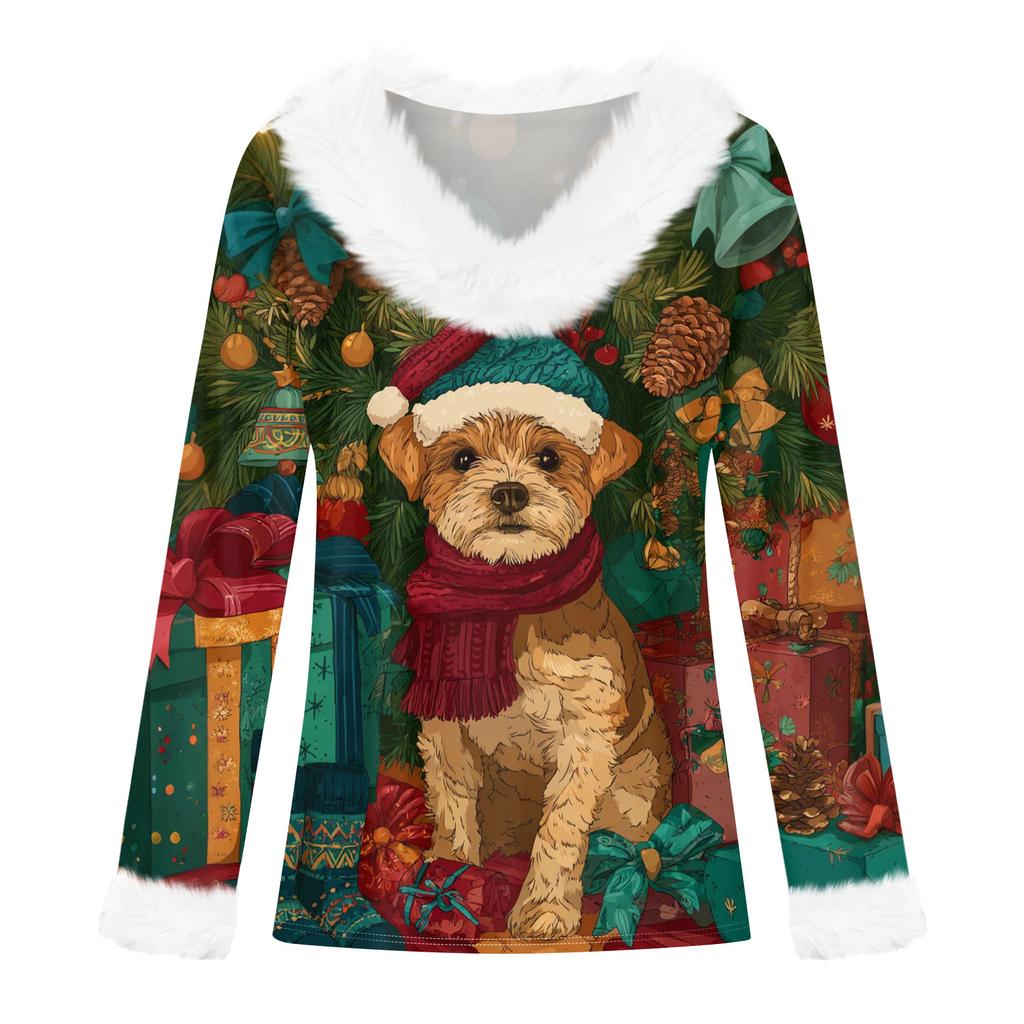 Dámské tričko Tričko Vánoční tričko s dlouhým rukávem Party Vánoční potisk Fleece s límcem s výstřihem do V