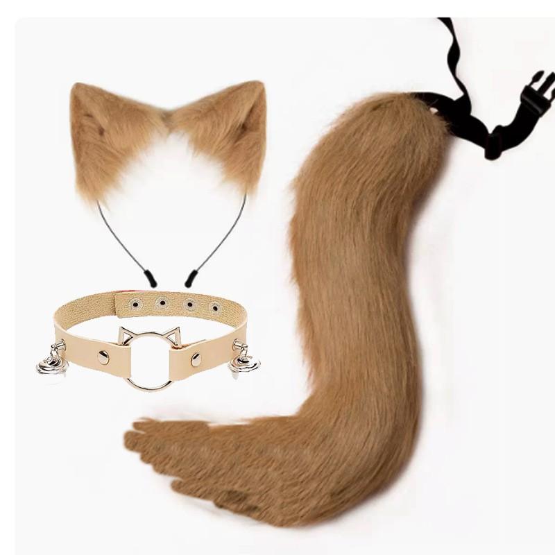 Cosplay Furry Ear Headband Tail Set With Bell Collar Anime Fans Adult Costume Accessories