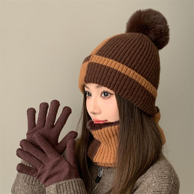 Autumn and winter hats Women's plush wool hats Winter cycling warm windproof and cold knitted hats Scarf gloves