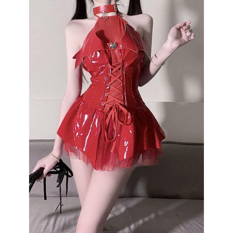 PU Leather Sexy Skirt Women Wet Look Clubwear Temptation Party Costumes Backless Exposed Bra Hollow Out Lingerie Naughty Set
