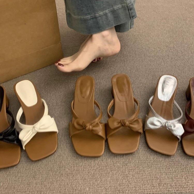 2025 New French Square Head Open-toed One-word Cool Slippers Women Wear Fairy Style Versatile Thick-heeled Slippers In Summer