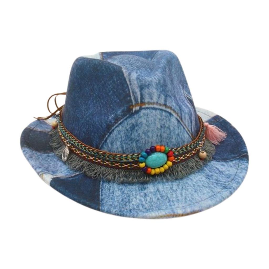 Premium Jazz Hat Vacation Ethnic Style Top Hat Children'S Accessories Retro Western Denim Splicing Top Hat