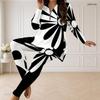 Women Plus Size Black White Striped Printed Half Zip Long Sleeve Longline Top And Fitted Pants Two Piece Set