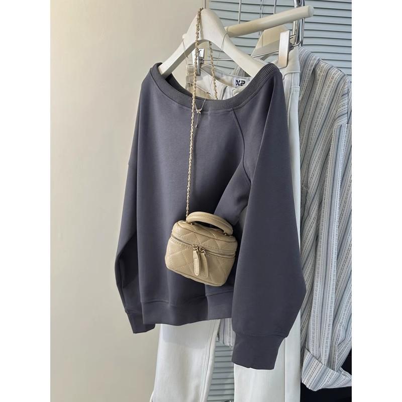 Real Shot Diagonal Neck Sweater Women's Thin Loose Sweet and Spicy Off-shoulder Long-sleeved Top Jacket