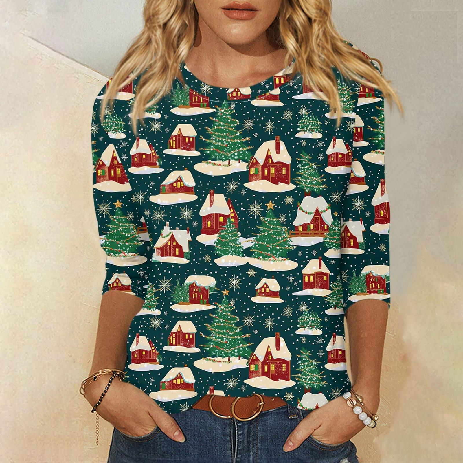 

Рубашки с рукавом 3/4 для женщин Милые рождественские принты Графические футболки Блузки Повседневные Большие размеры Базовые топы Пуловеры XXL