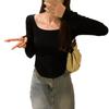 Damski T-shirt z długim rękawem z kwadratowym dekoltem na jesień Nowy dopasowany Hot Girl Koszulka bazowa Wszechstronny prążkowany top wewnętrzny