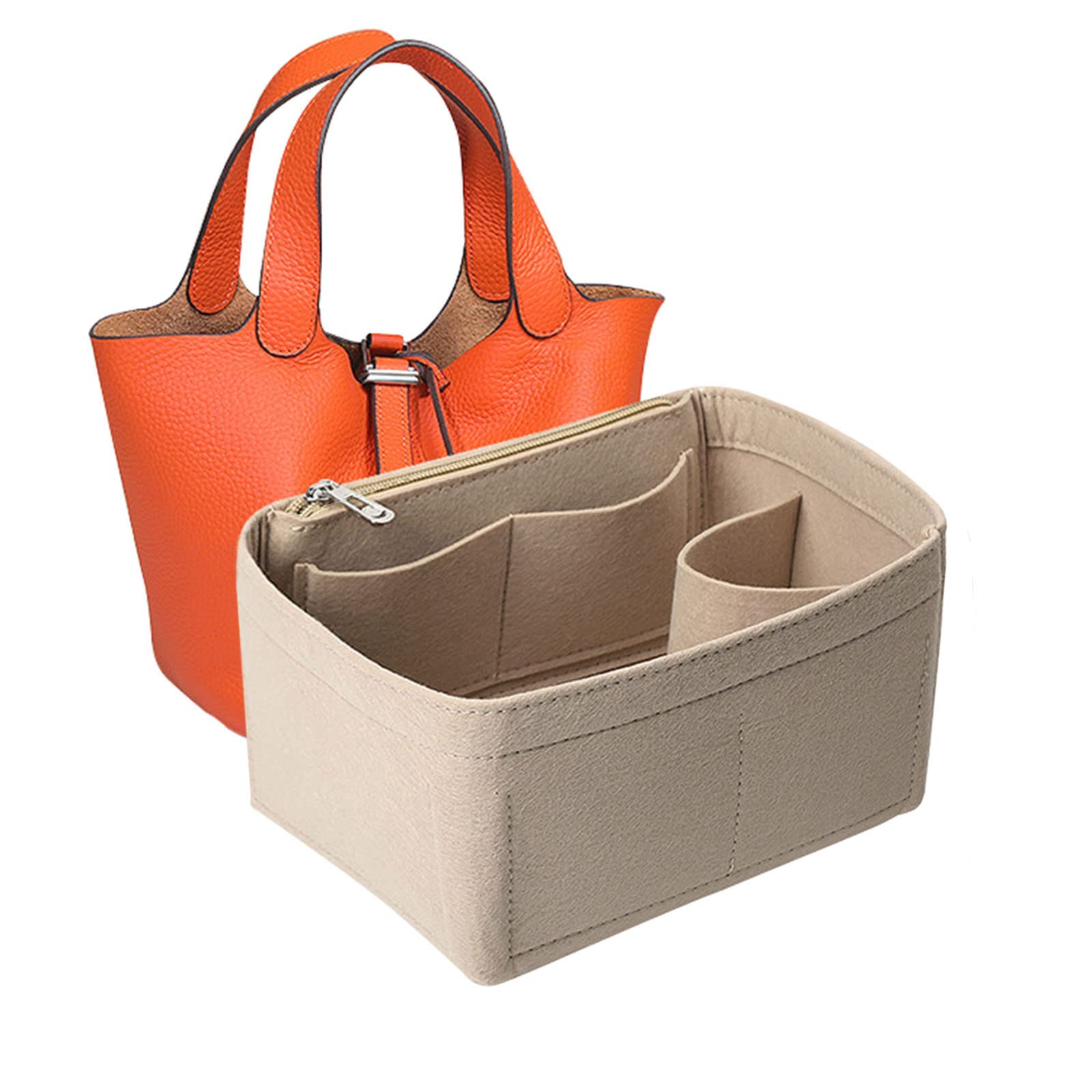 

Felt Insert Bag Organizer Fits Picotin 18 22 26 Bucket Bag Liner Shaper Inner Purse Divider Handbag Storage Portable Makeup Case 16x11x10cm бежевый