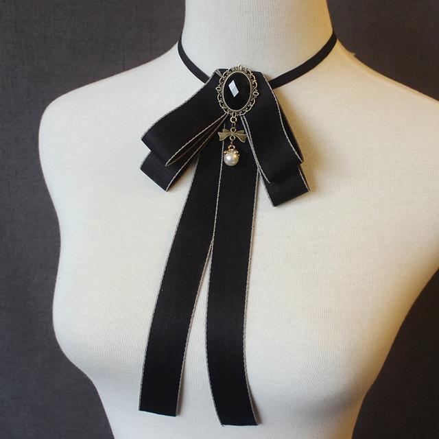 Ribbon Bow Tie Ladies Unisex Crystal Pearl Brooches For Women Corsage Necktie Pin Suits Clothing Collar Accessories