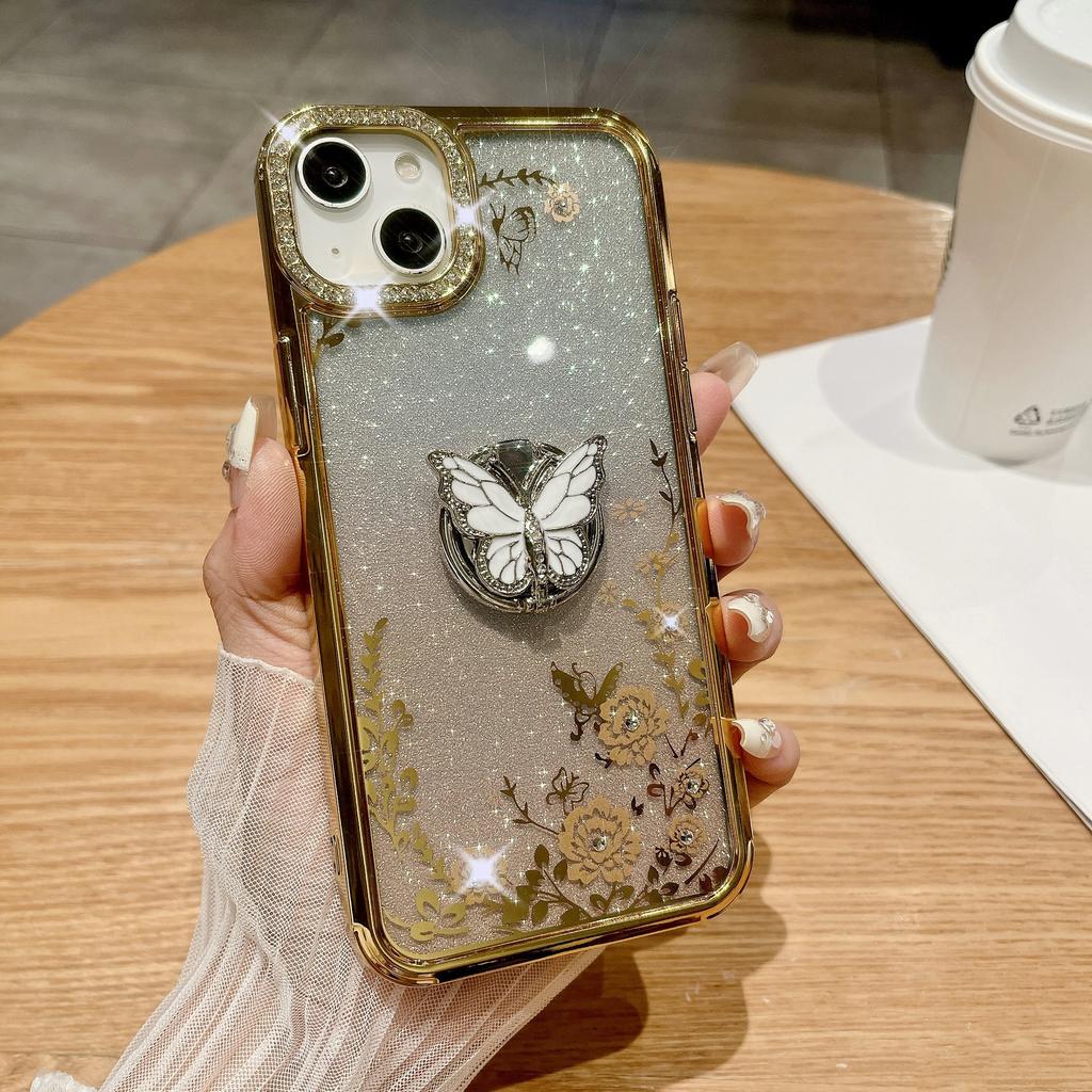 Suitable for Apple 16ProMax, Butterfly Ring Stand, Phone Case, Rhinestone, IPhone15 Electroplated Gradient Glitter Case