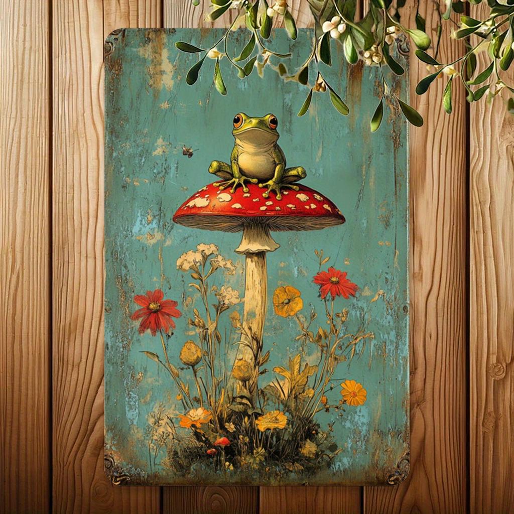 Frog In the Mushroom Rainforest Retro Metal Tin Sign, Home Decoration Tin Painting, Fun Wall Art for Home