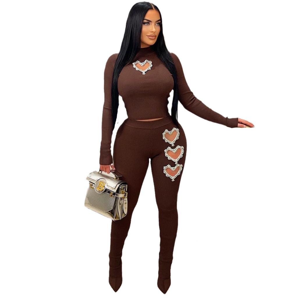 Two Piece Sets Wome Sexy Solid Pant Set Turtleneck Full Sleeve Slim Fit Tops Hollow Out High Waist Long Pants Sheath