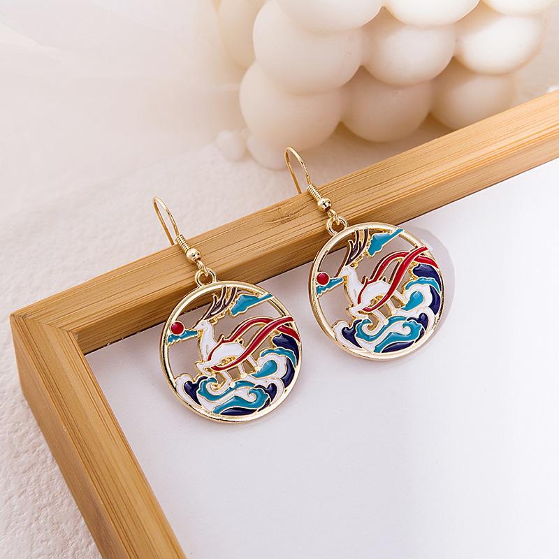 Fun Cartoon Asymmetrical Oil Drop Earrings, Guochao Panda Animal Fruit Earrings, Cute Mushroom Leaf Earrings