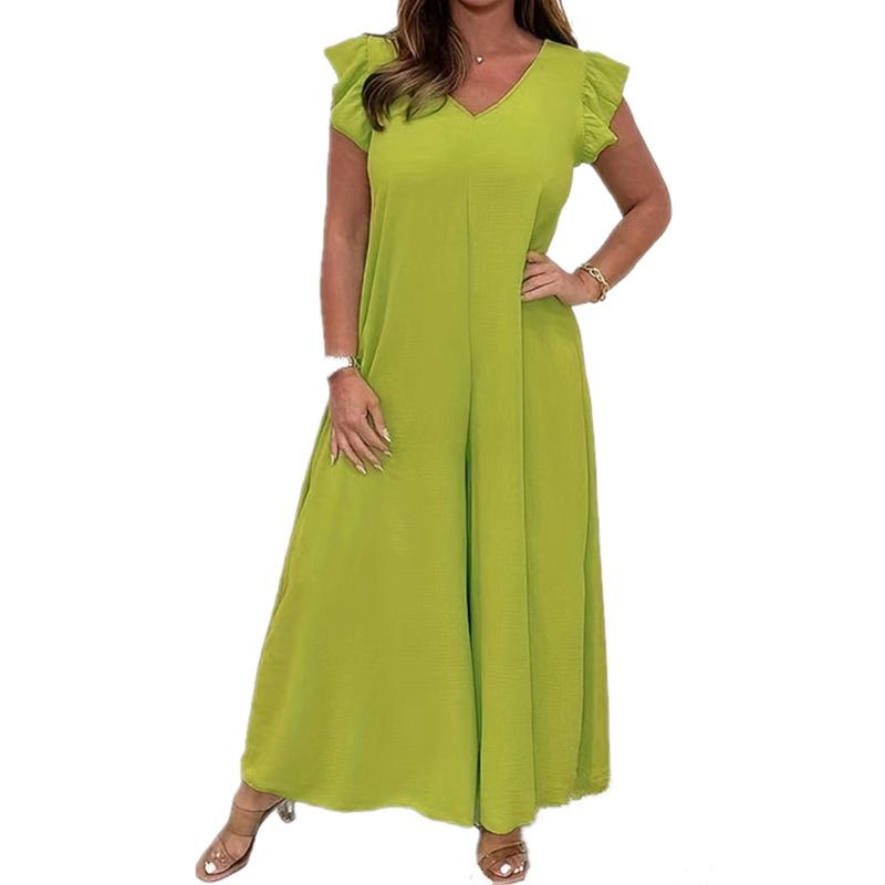 

2026 Summer Wrap Waist Flounce Wide Leg Jumpsuit - Solid Color Palazzo Romper with Ruffle Detail, Effortless Chic Women s One Piece Outfit 2XL світло-зелений колір