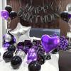 Purple themed black Happy Birthday balloon set includes heart-shaped aluminum foil balloons for birthday party decoration