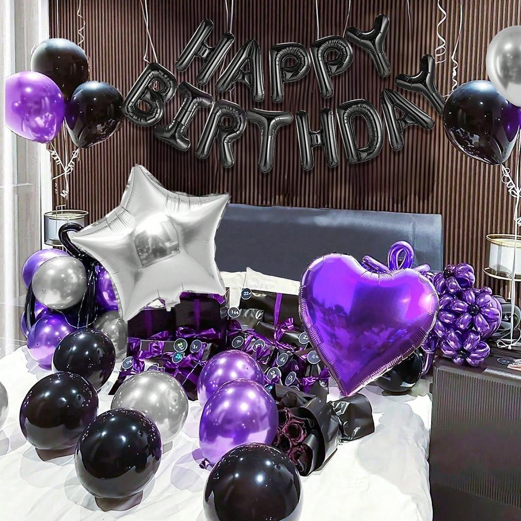 Purple themed black Happy Birthday balloon set includes heart-shaped aluminum foil balloons for birthday party decoration