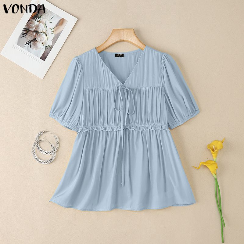 

VONDA Women V Neck Short Sleeve Bow Knot Ruffled Casual Tops Blouse 5XL синий