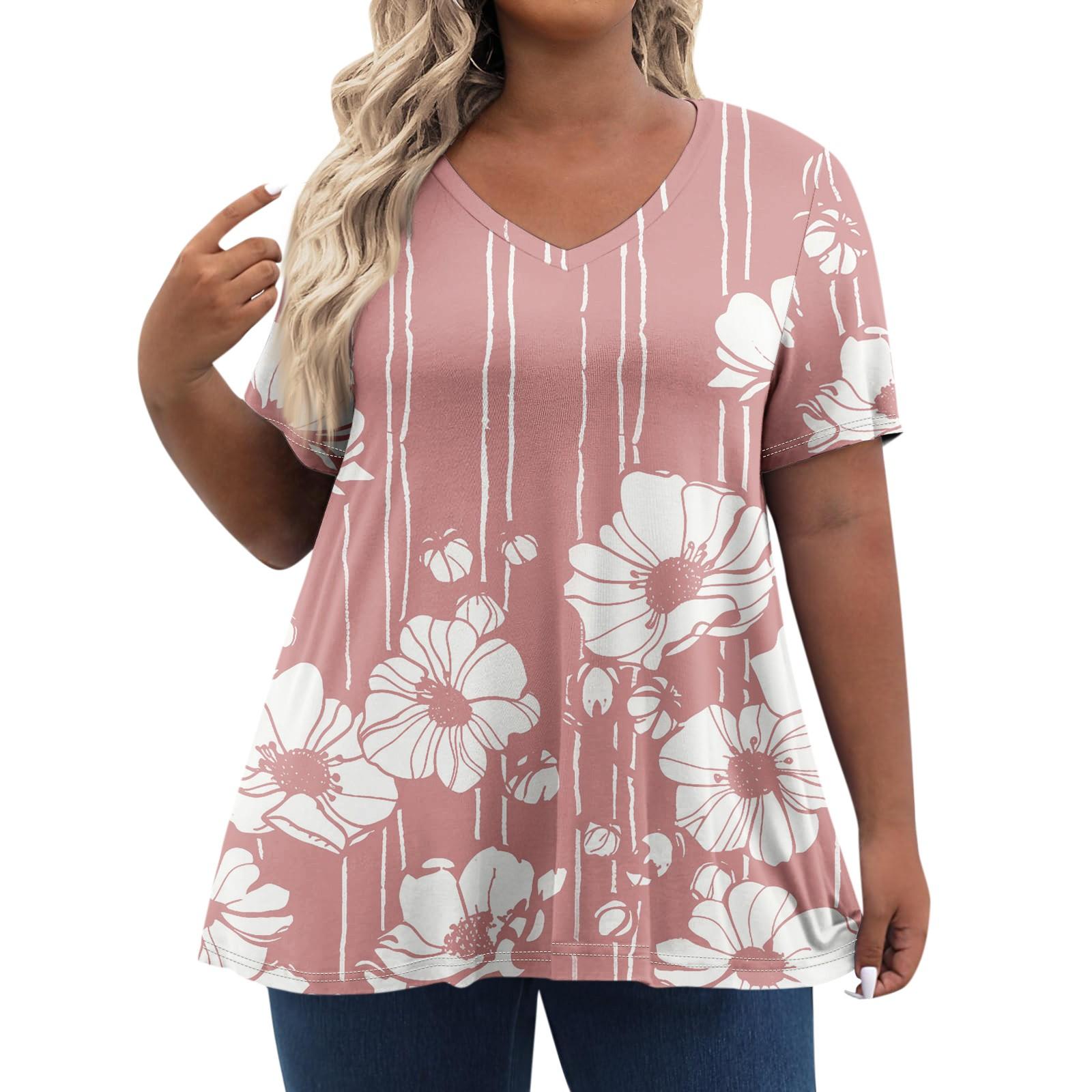 

Женские топы больших размеров, шорты с рукавами, рубашки с V-образным вырезом, повседневная одежда, топы с принтом XL розовый