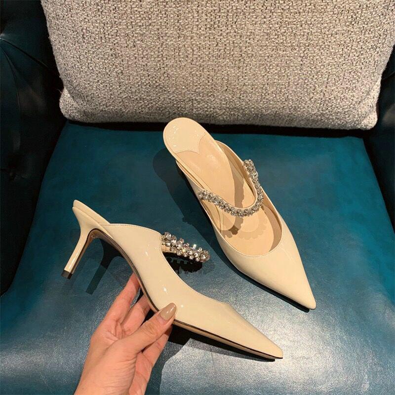 Fashion 2025 Summer New Baotou Half Slippers Women Fine With Pointy Head Rhinobarrhinos All Wear Network Red Tide High Heels